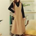 Set: Mockneck Lettuce-edge Top + Flared Long Pinafore Dress Charcoal Gray - One Size