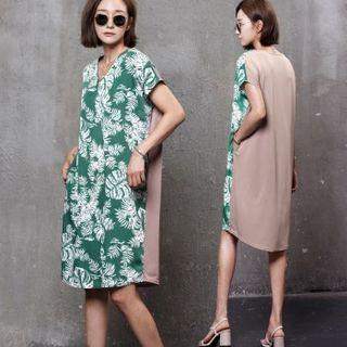 Cutout-front Pocket-detail Pattern Dress Green - One Size