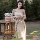 Mock Two-piece Bell-sleeve Ruffled Midi Sheath Dress