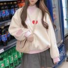 Heart Embroidered Mock Neck Pullover As Shown In Figure - One Size