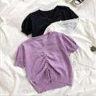 Plain V-neck Drawcord Short-sleeve Knit Top