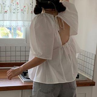 Short-sleeve Plaid Color-block Cut-out Shirt
