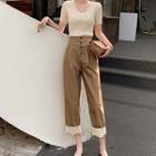 Set: Short Sleeve Plain Top + High Waist Pants