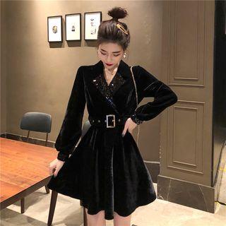 Long-sleeve Mini A-line Collared Velvet Dress