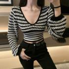 V-neck Two-tone Striped Knit Crop Top