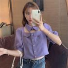 Puff-sleeve Cutout Top Purple - One Size