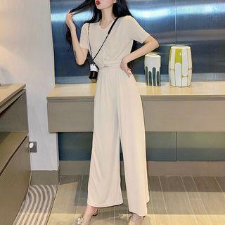 Set: Cross-strap V-neck Short-sleeve Top + Wide Leg Pants