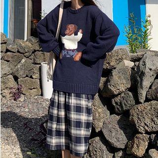 Bear Pattern Sweater / Plaid Midi A-line Skirt