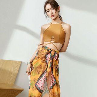Set: Halter Sleeveless Swim Top + Bottom + Printed Maxi Skirt