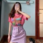 Cartoon Print Short-sleeve T-shirt / Mini A-line Skirt