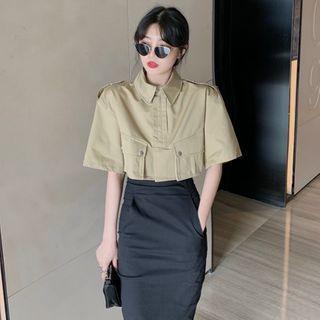Elbow-sleeve Shirt Jacket / Strapless Midi Bodycon Dress