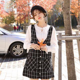 Set: Puff-sleeve Lace Top + Tweed Mini Pinafore Dress