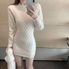Long-sleeve Cable Knit Mini Bodycon Dress Off-white - One Size