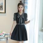Bow Pinstripe Mock Two-piece Short-sleeve Dress