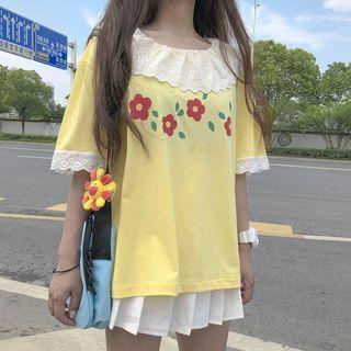Lace Trim Flower Print Elbow-sleeve T-shirt