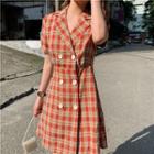 Short-sleeve Plaid Double Breasted A-line Mini Dress As Shown In Figure - One Size