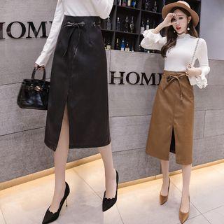 Faux Leather Front-split Midi A-line Skirt