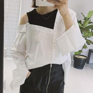 Mock Two-piece Cutout Shoulder Loose-fit Blouse