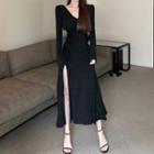 V-neck Plain Side-slit Dress Black - One Size