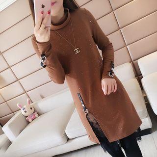 Long-sleeve Cowlneck Slit-front Dress
