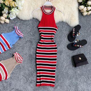 Striped Halter Knitted Midi Sheath Dress