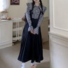Bell-sleeve Collared Gingham Blouse / Midi A-line Skirt With Suspender