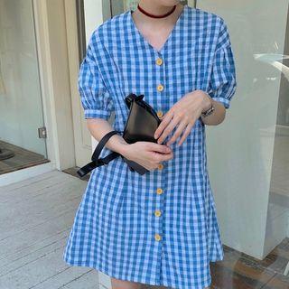 Puff-sleeve Plaid Buttoned A-line Mini Dress Blue - One Size
