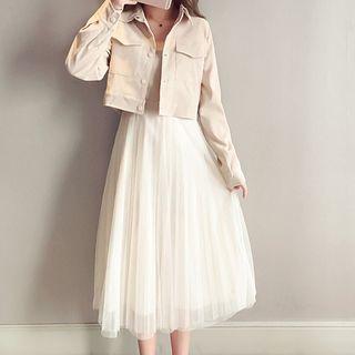 Set: Long-sleeve Corduroy Shirt + Spaghetti Strap Midi Pleated Dress