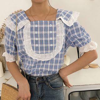 Elbow-sleeve Lace Trim Plaid Top