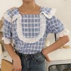 Elbow-sleeve Lace Trim Plaid Top