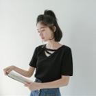 Short-sleeve Tie-front Knit Top Black - One Size
