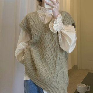 Long-sleeve Frill Trim Blouse / Cable Knit Sweater