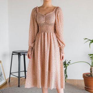Off-shoulder Smocked-waist Chiffon Dress