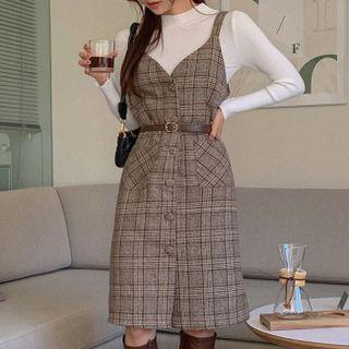 Set: Rib-knit Top + Plaid Overall Dress