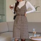 Set: Rib-knit Top + Plaid Overall Dress