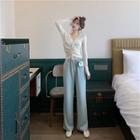 V-neck Drawstring Top + High-waist Straight-leg Pants