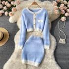 Set Of 2 : Round-neck Color Block Long-sleeve Cardigan + Color Panel Skirt