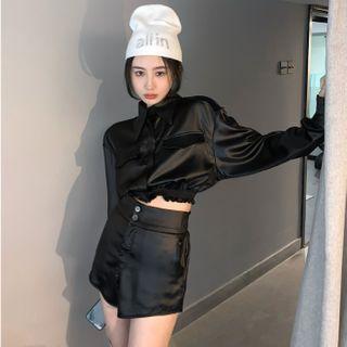 Set: Long-sleeve Satin Shirt + Shorts