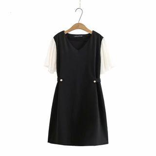 Plus Size Lace Short-sleeve Panel Plain Dress