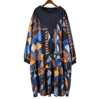 Long-sleeve Patterned Panel Pullover Dress