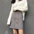 Tie-waist Gingham Woolen Mini Skirt