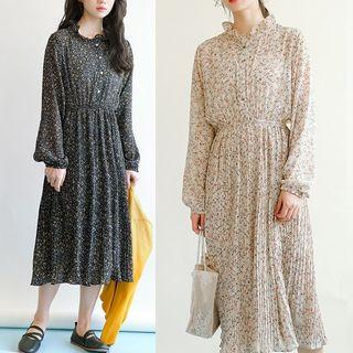 Floral Print Long Sleeve Pleated Chiffon Dress