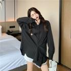 Long-sleeve Striped Blouse Black - One Size