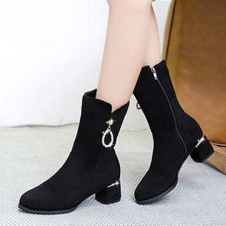 Chunky Heel Rhinestone Zip Short Boots