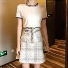 Set: Short-sleeve Contrast Trim Top + Plaid Mini A-line Skirt
