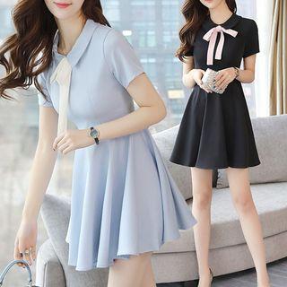 Short-sleeve Ribbon-neck A-line Mini Dress