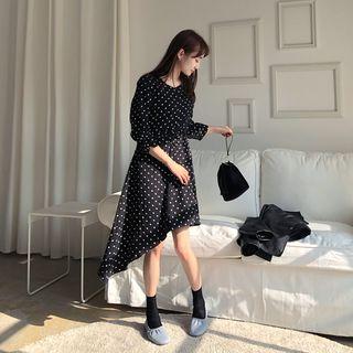 Diagonal-hem Shirred Dotted Dress