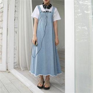 Zip-back A-line Denim Suspender Dress