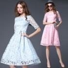 Elbow-sleeve Floral Embroidered Organza A-line Sheath Dress