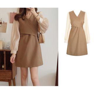 Mock Two-piece Long-sleeve V-neck Mini A-line Dress